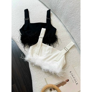 Áo hai dây kiểu nữ bản to dáng croptop phối lông chất thun borip