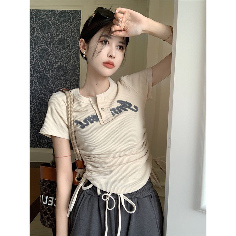 QKOOLE Áo thun  ngắn tay cổ tròn thời trang Hàn Quốc cho nữ