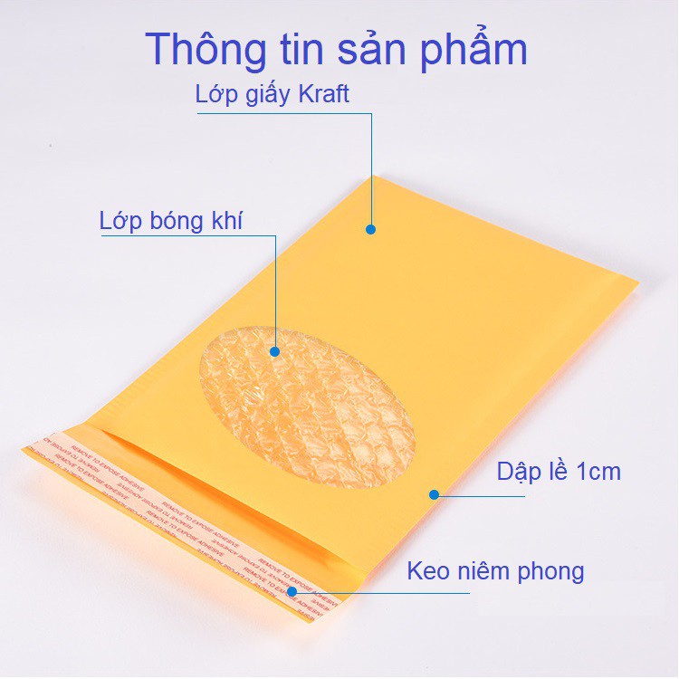 Combo 100 Túi gói hàng Kraft lót bóng khí chống sốc - Túi đóng hàng sẵn keo niêm phong Kraft màu vàng đẹp sang trọng