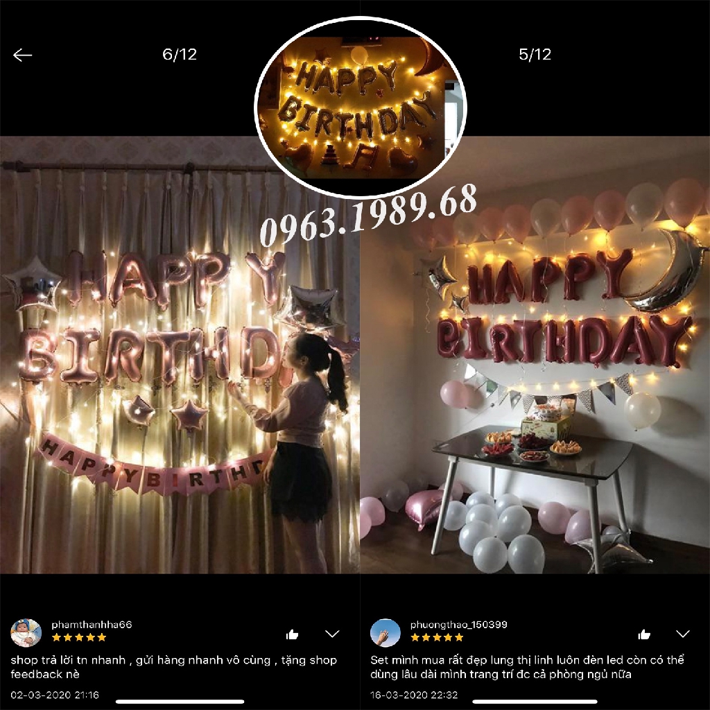 Set Bóng Happy Birthday Kèm Đèn Led Tông Màu Hồng