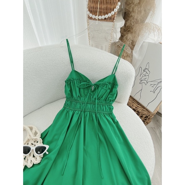 ĐẦM XANH MIDI BO CHUN NGỰC THẮT NƠ 2 DÂY