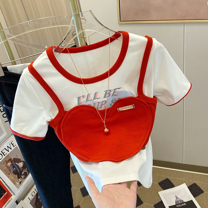 Designer red love two American blouses women's new summer cartoon printed fashion T-shirt in 2022