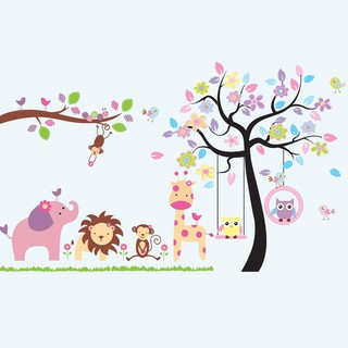 [ Size Lớn ] Decal dán tường kết hợp Động vật rừng, xích đu, cây xanh AY869+DF5211
