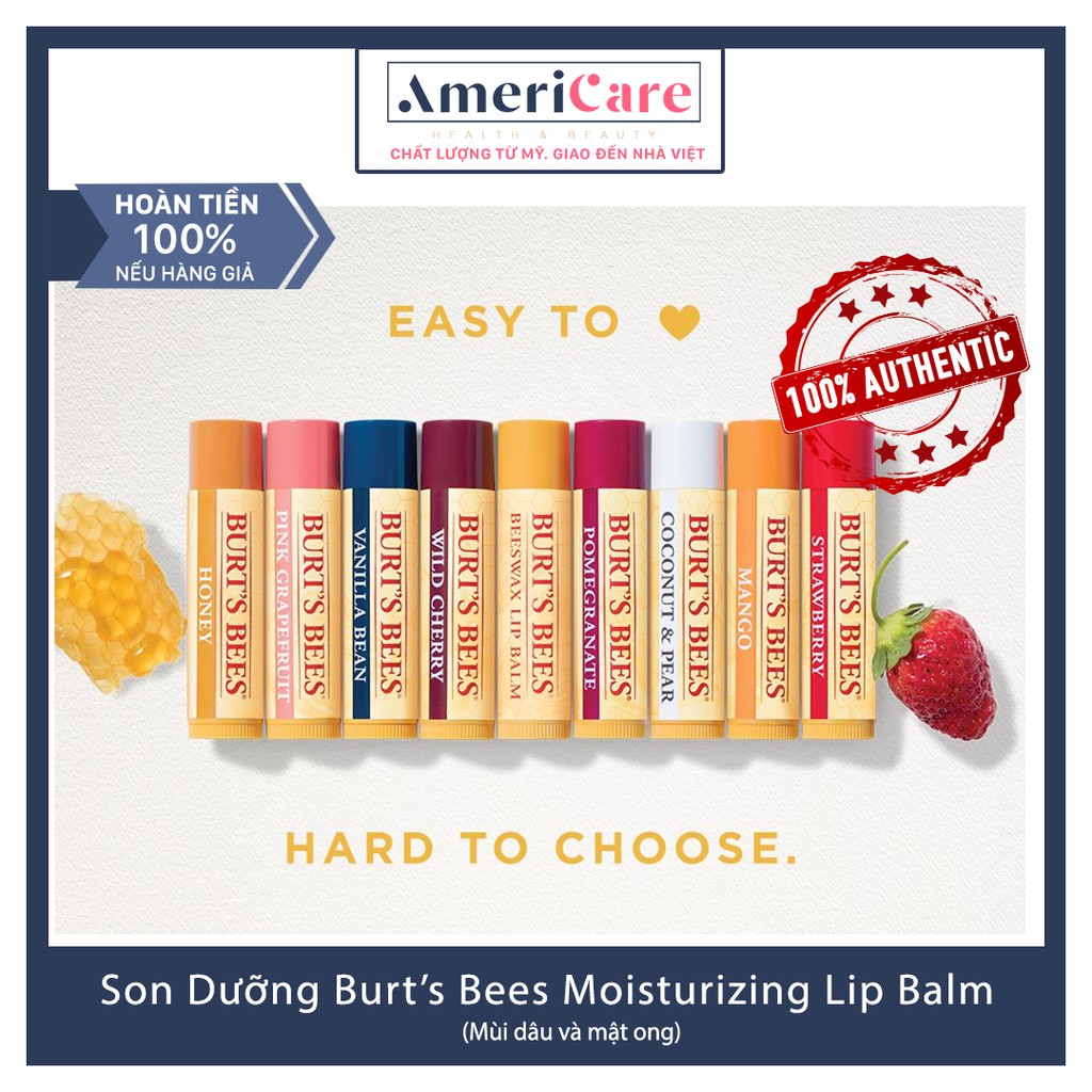 Son Dưỡng Môi Burt Bees (Americarevn - Moisturizing Lip Balm dưỡng môi, son dưỡng không màu- Đủ Mùi- Bill Mỹ)