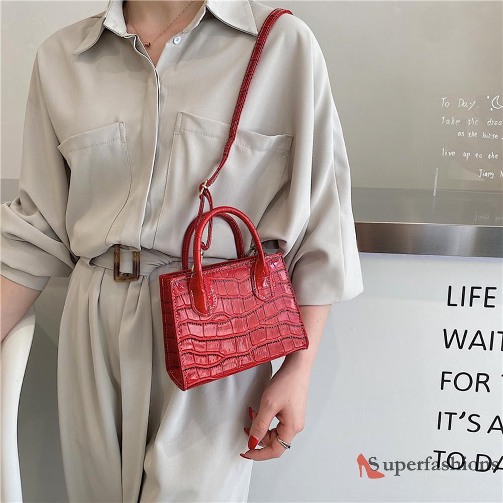 【Hot Sale】Retro Women Alligator Pattern Pure Color PU Shoulder Bag Top-handle Handbag