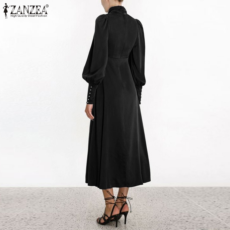 Đầm nữ ZANZEA bằng vải satin dáng dài tay dài dạng bồng có cổ áo cài nút