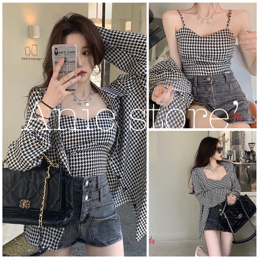 Emily Shop - Bộ Áo Sơ Mi Áo 2 Dây Kẻ Ô Vuông 🦋 Set Áo Khoác Nữ Kèm Áo Ngắn 🦋