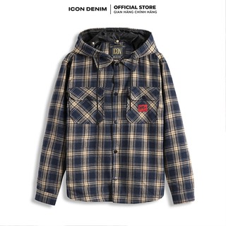 Áo Khoác Flannel Nam ICON DENIM Kiểu Hoodie Phối Mũ, Mũ Có Thể Tháo Dời AK031004