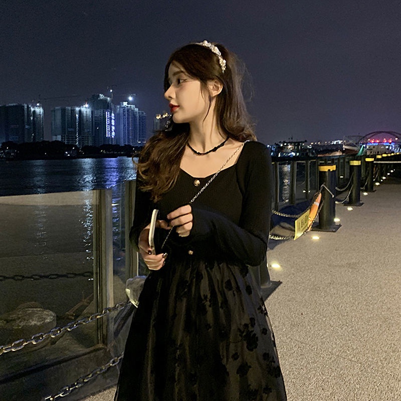 Đầm Chữ A Giả Hai Lớp Phối Lưới Màu Đen Thời Trang Thu Đông