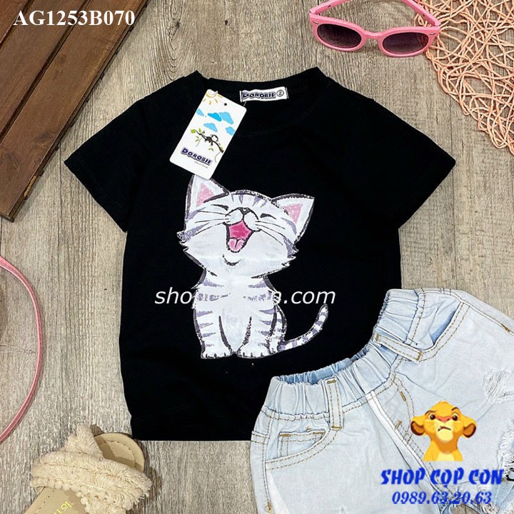 Áo thun hình mèo cho bé gái từ 22kg dến 32kg