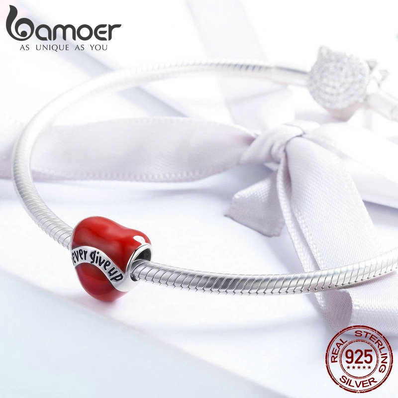 Hạt Xỏ Trang Sức Bamoer Hình Trái Tim Khắc Chữ Never Give Up Thời Trang