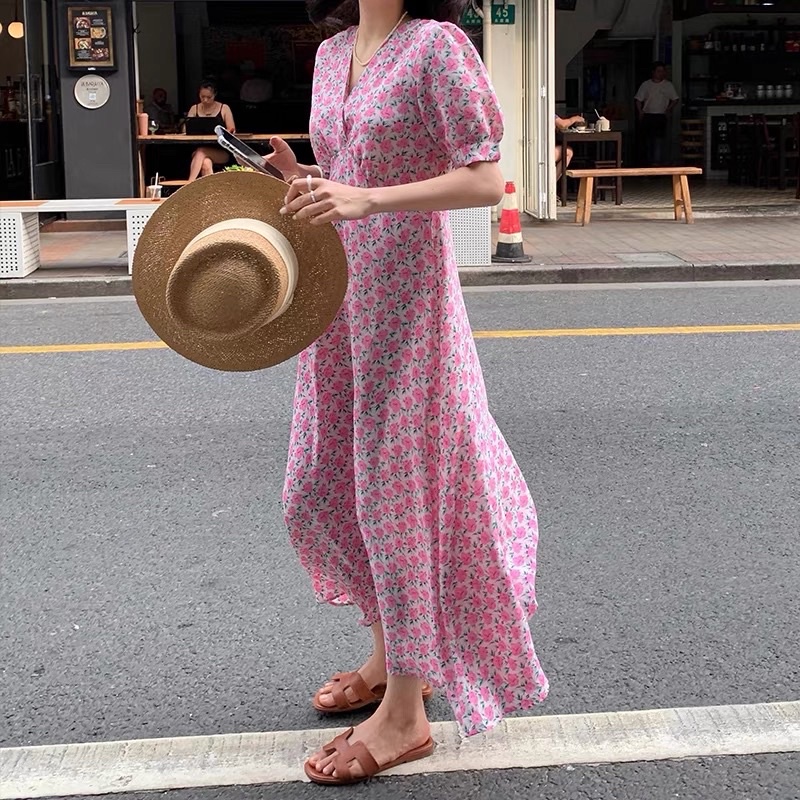 Váy phụ nữ ngắn tay cổ chữ v hoa phong cách phương Tây váy mới mùa hè 2021. | BigBuy360 - bigbuy360.vn