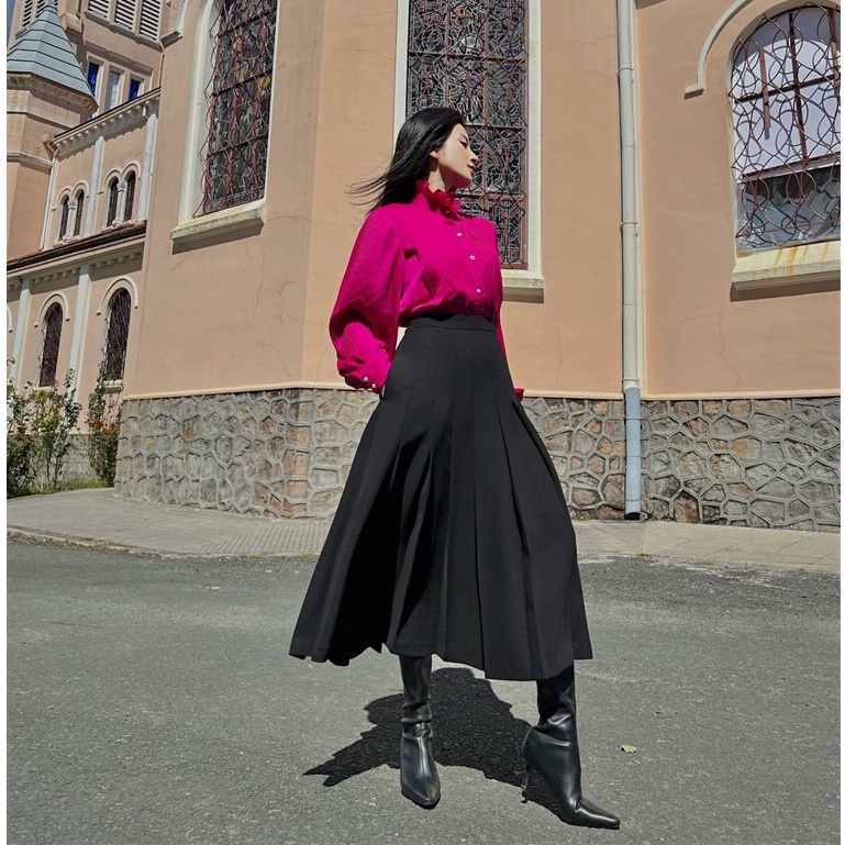 Áo sơ mi lụa satin HUONG BOUTIQUE HBSM944 cổ bèo, dập li toàn thân