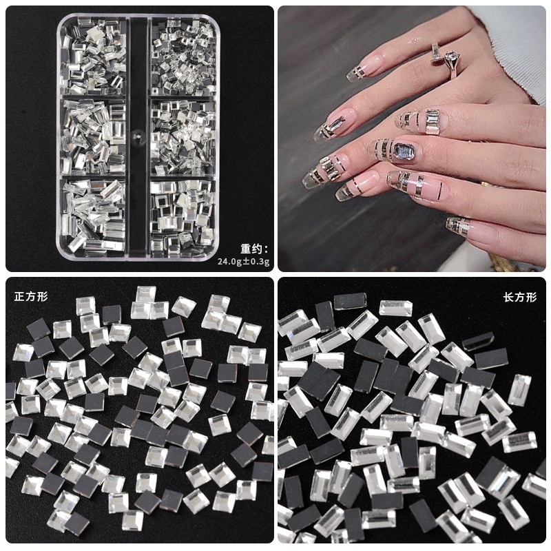 Khay Đá đính móng , Đá nail mix mẫu chữ nhật , hình vuông trang trí móng