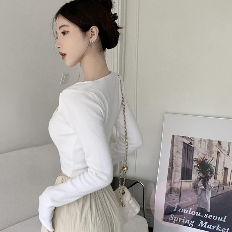 Áo Thun Dệt Kim Tay Dài Cổ Tròn Màu Sắc Đơn Giản Dành Cho Nữ