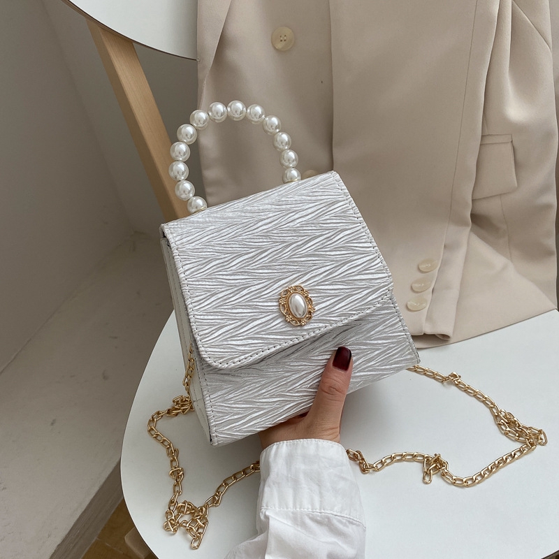 Túi đeo vai IELGY hình vuông cỡ nhỏ dây dạng xích đính ngọc trai thời trang dành cho nữ