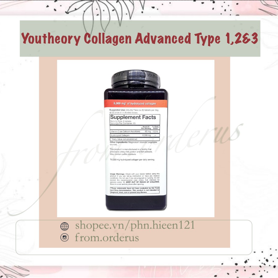 [MẪU MỚI] Viên Uống Youtheory Collagen Advanced 390 Viên Type 1,2&3