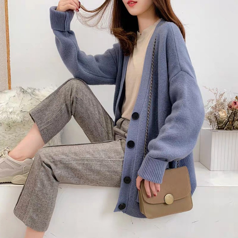 Áo Khoác Cardigan Dệt Kim Form Rộng Màu Trơn Xinh Xắn Dễ Thương Cho Nữ