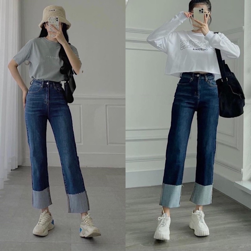 Quần Jeans Ống Suông Ống Đứng Lai Lật Chất Co Giãn Nhẹ Sofm