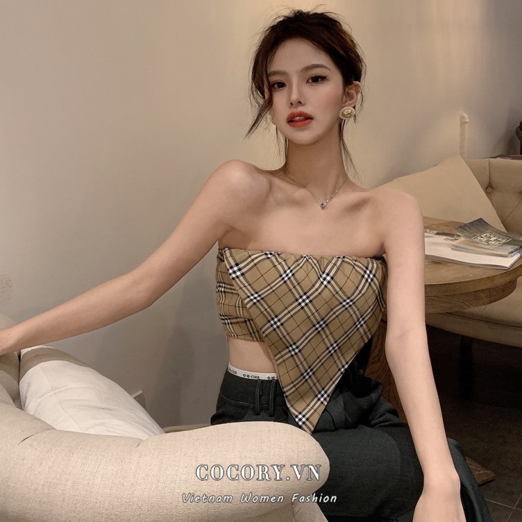 Cocory vn Áo crop top họa tiết ca rô cổ điển phong cách quyến rũ dành cho nữ