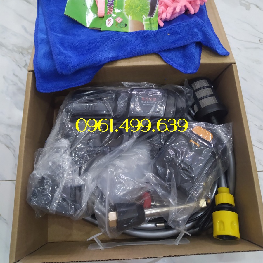 Máy Rửa Xe Dùng Pin Áp Lực Cao Loại 1 - Tặng khăn lau và bao tay, bảo hành 12 tháng