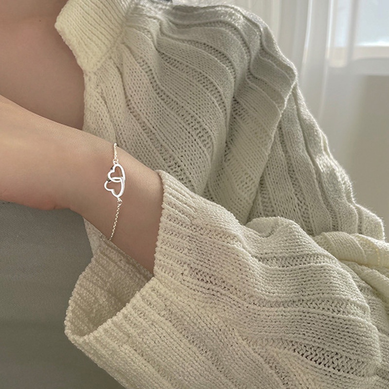 Vòng đeo tay mạ bạc mặt trái tim đôi thời trang dành cho nữ