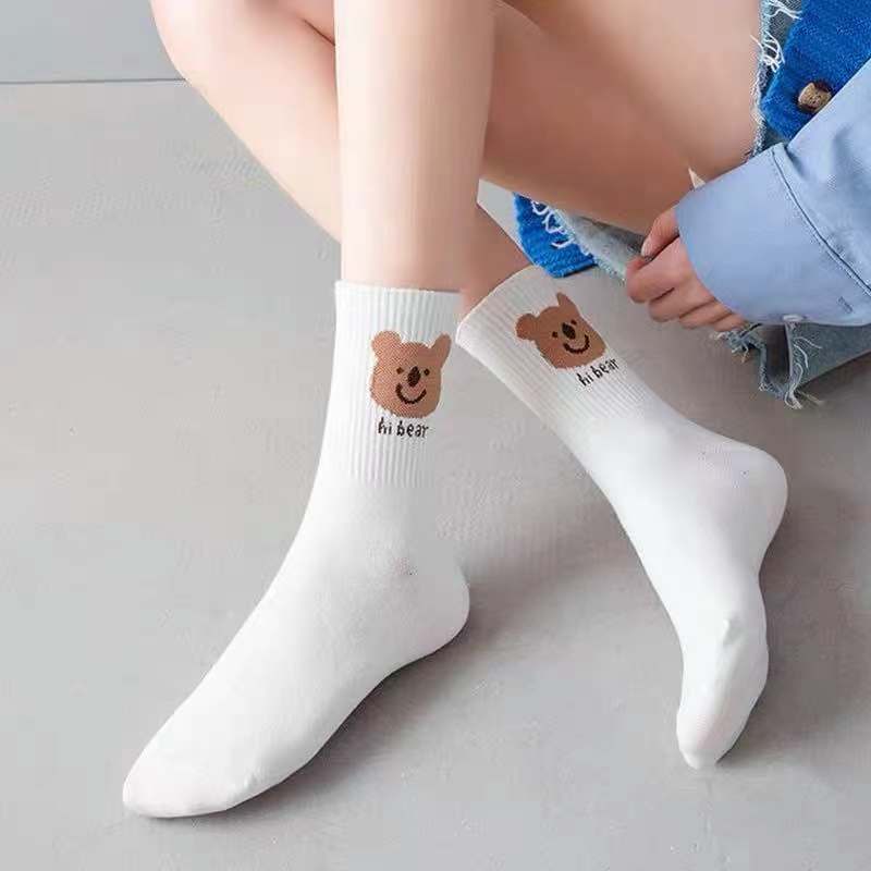 Tất nữ gấu trắng hoặt hình, tất thể thao thu đông cao cổ họa tiết dễ thương phong cách hàn quốc - T005