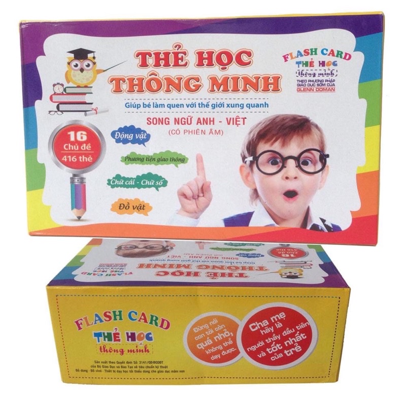 Bộ thẻ học thông minh bao gồm 16 chủ đề 416 thẻ có song ngữ Tiếng Anh dành cho bé từ 0-5 tuổi