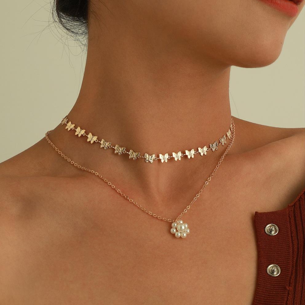 (021) Dây Chuyền, Vòng Cổ Hai Lớp Chuỗi Hoa 🦋 Kết Hợp Mặt Ngọc