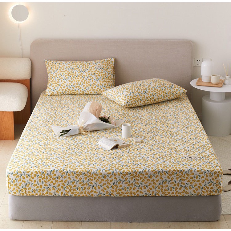 Bộ ga giường EmmiBedding Store 100 % cotton, bộ ga chun và 2 vỏ gối miễn phí bo chun