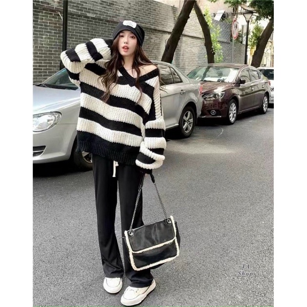 Áo len cổ tim dáng dài fom rộng over size cực chất  hoan tiết kẻ ngang