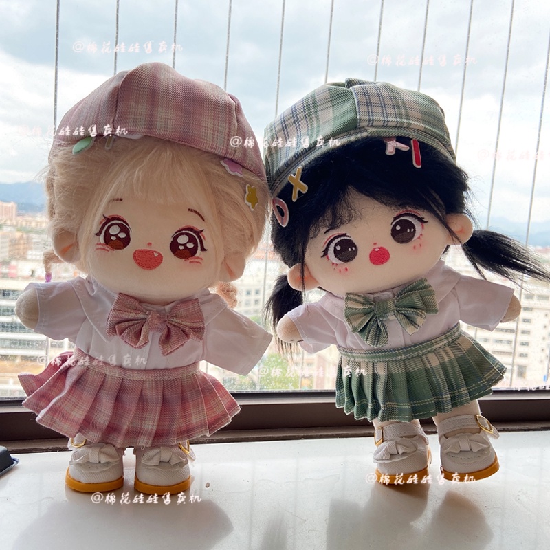 Outfit doll 20cm váy jk xanh hồng