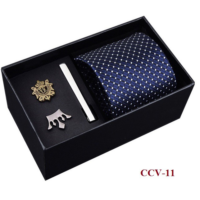 Bộ Quà tặng Cà Vạt cao cấp 8cm tự thắt, Kẹp cà vạt, Ghim cài áo thời trang Nam CCV-06, CCV-15 - AdamZone