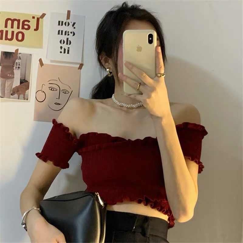 Áo Croptop Len Trễ Vai 🍊Tiệm Vải Xinh🍊 Áo Kiểu Croptop Sexy CT010