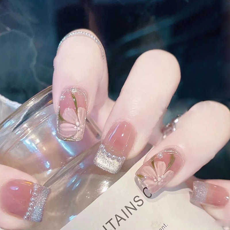Bộ móng tay giả nail màu hồng cánh sen bông hoa đính đá z269