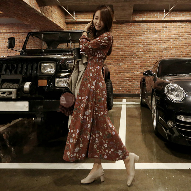 Đầm chiffon dáng chữ A tay dài cổ V họa tiết hoa phong cách thời trang retro hàn quốc dành cho nữ