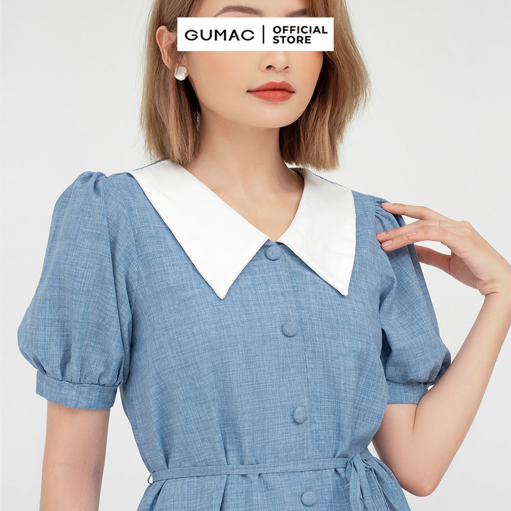 [Mã MABR07062 giảm 8% tối đa 50K đơn từ 249K] Đầm xòe nữ nẹp nút phối cổ GUMAC màu xanh tay ngắn DB574 | BigBuy360 - bigbuy360.vn