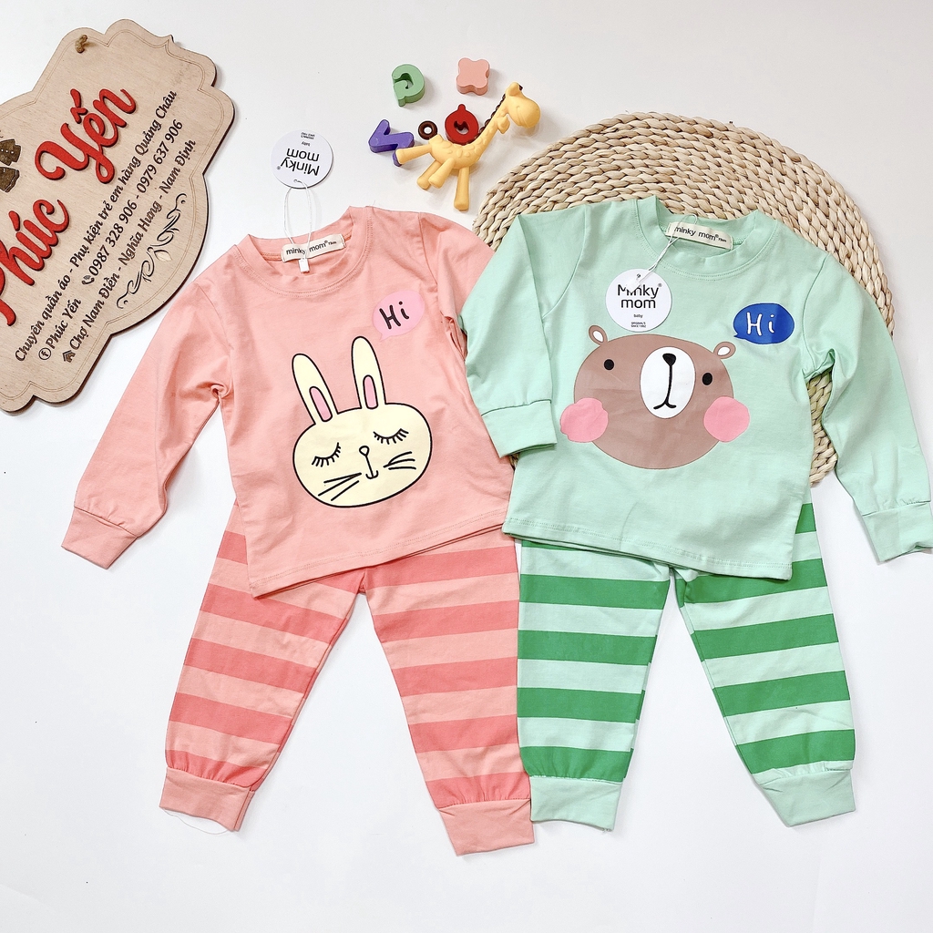 Bộ Dài Tay  Minky Mom Cotton 100 %  Họa Tiết Động Vật Gấu Nâu Xanh-Quần Kẻ Cho Bé (7-19kg) (SP001309 )