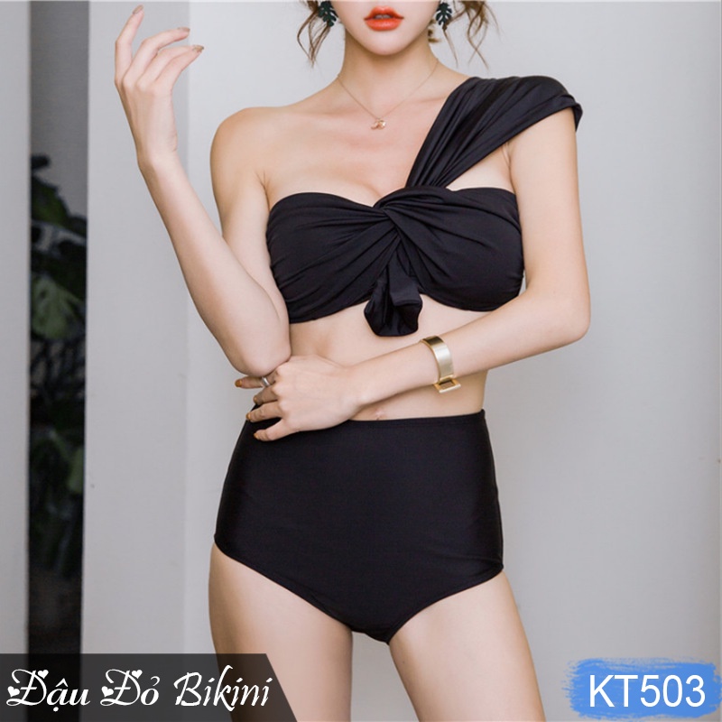 [4 MÀU] - Bikini nữ trẻ trung, quần cạp cao kín đáo, áo vai lệch cách điệu sexy, bộ bơi phong cách Hàn quyến rũ | KT503