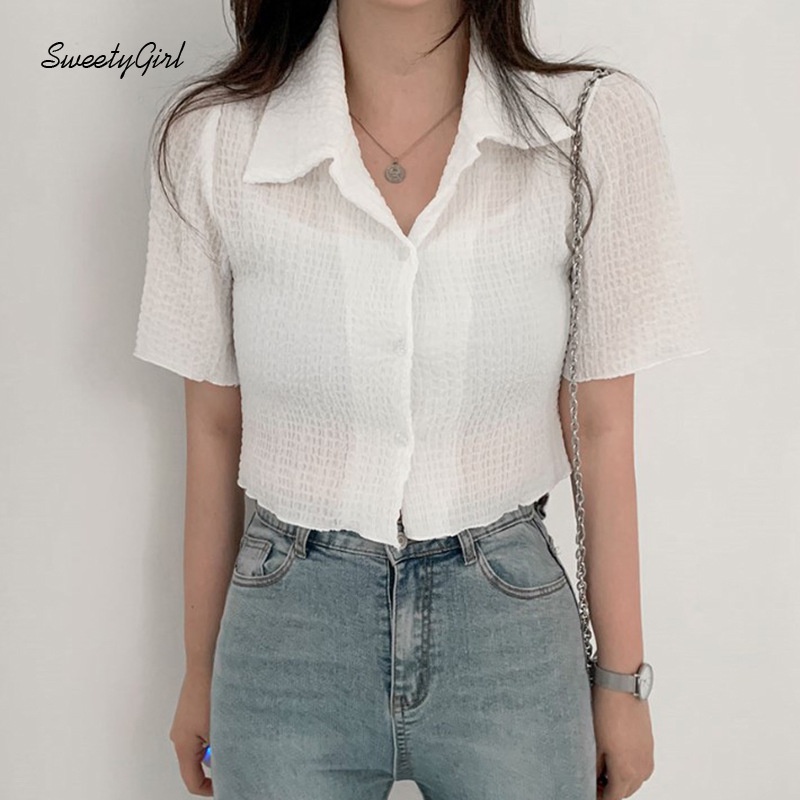 Áo Sơ Mi Tay Ngắn Cổ Bẻ Cài Nút Dáng Ôm Màu Trơn 2022 Thời Trang Cho Nữ