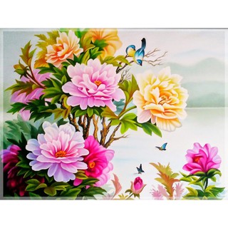 tranh 5D,tranh đính đá toàn bộ bức hoa mẫu đơn liên sanh quý tử đẹp