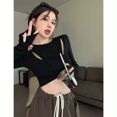 HUANG YOYO  Áo Lửng Nữ Dài Tay Cổ Tròn Thời Trang Hàn