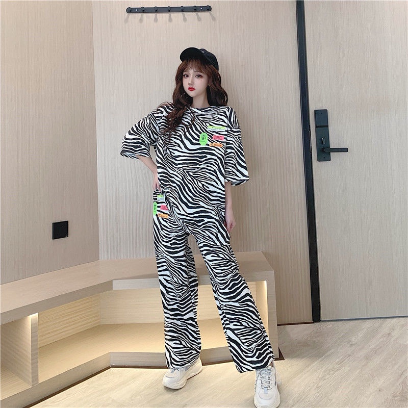 Western style suit women's summer new Korean loose short sleeved T-shirt + high waist legged casual pants Zebra Print two-piece set