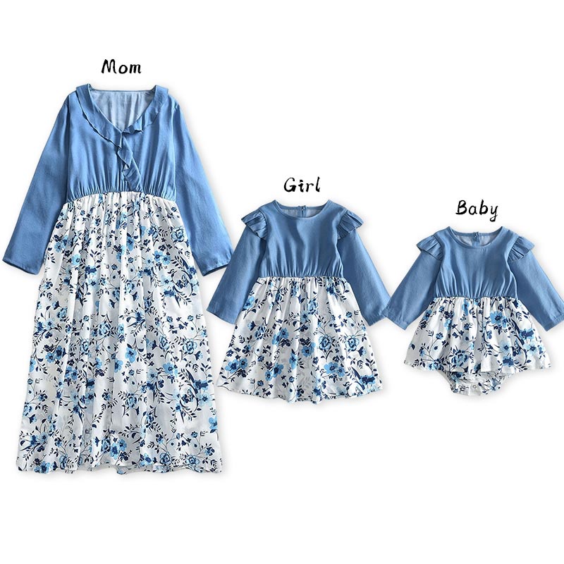 Đầm mẹ và bé BEAR LEADER tay dài phối họa tiết hoa thoải mái thời trang