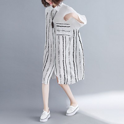 Váy Nữ size Lớn phong cách Hàn Quốc chất béo mẫu mới mùa hè 2019 Áo sơ mi kẻ sọc mỏng