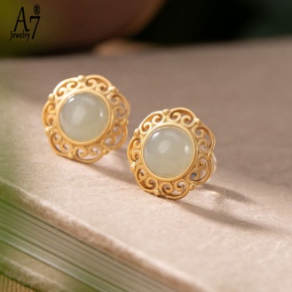 Bông Tai Bạc 925 Đính Đá Ngọc Bích Kiểu Retro Thời Trang Cho Nữ A7 S925