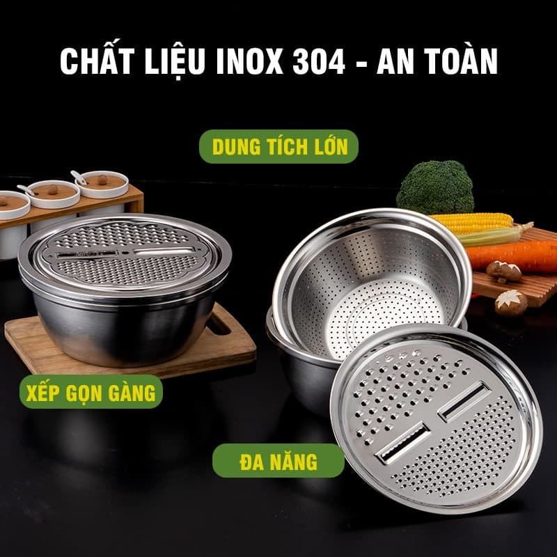 Bộ rổ chậu kèm nạo rau củ quả inox đa chức năng 3in1 cao cấp siêu tiện dụng POT KITCHEN