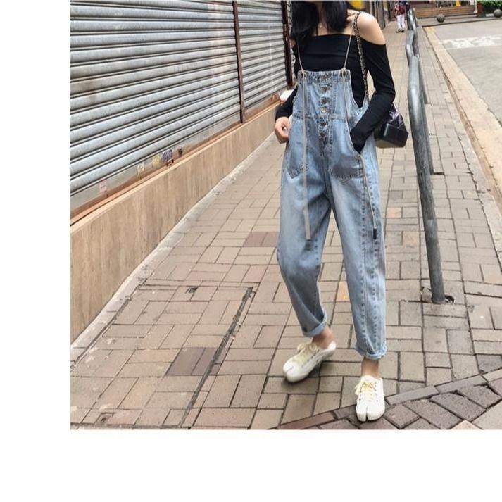 Jumpsuit Denim Dáng Rộng Phong Cách Hyuna Thời Trang Hè Thu Hàn Quốc 2020 Mới