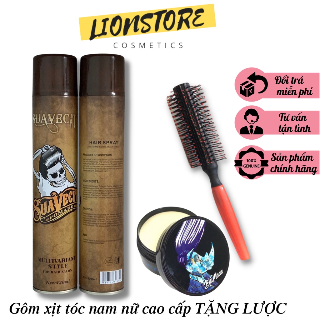 Gôm xịt tóc nam SUAVECITO 420ml kèm sáp vuốt tóc blumaan tê giác xanh tặng lược tròn