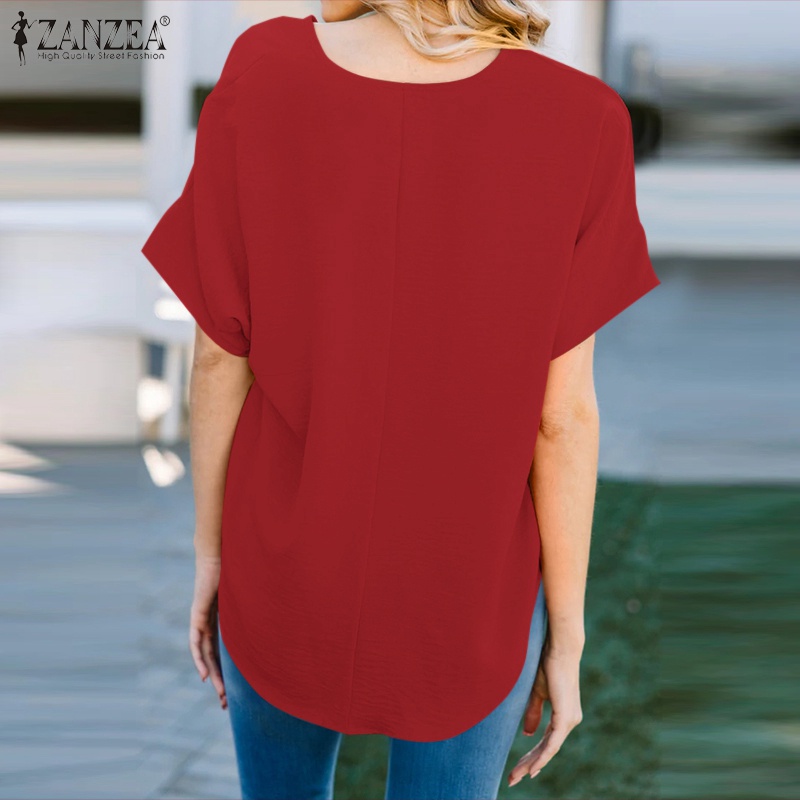 Áo Sơ Mi Nữ Tay Lửng Cổ Chữ V Màu Trơn Phong Cách Vintage ZANZEA